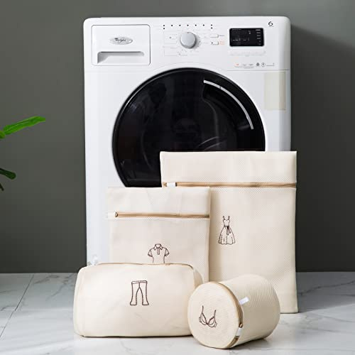 Paquete de 4 Bolsas de Lavandería de Malla Bolsas de Lavado Gruesas de Doble Capa Bolsas de Lavado de Sujetador Redes de Lavandería Versátil para Lavadora con Cremallera (Beige)