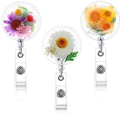 cobee einziehbare Ausweisrolle mit getrockneten Blumen, 3 Stück, ästhetische Ausweishalter Rollen Kunstharz Blumen Abzeichenclip niedliche Ausweishalter für Krankenschwester Arzt Lehrer (Stil A)