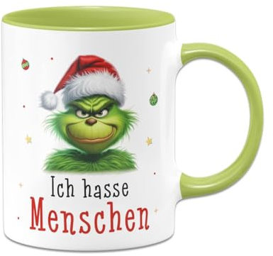 Tassenbrennerei Tasse Grinch - Ich hasse Menschen - Kaffeetasse mit Spruch, Weihnachtstasse lustig - Weihnachts-Deko Anti-Weihnachten (Grün)