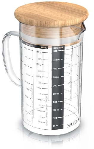 Arendo Caraffa graduata in vetro 500ml 0,5L, Bicchiere graduata trasparente da cucina, Caraffa in vetro borosilicato, Guarnizione in silicone, Caraffa da cucina