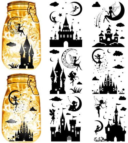 CREATCABIN 24 Sheets 6 Styles Fairy Angel Mason Jar Decals Moon Castle Stickers Die Cuts Silhouettes Self-Adhesive PVC Waterproof for Craft Scrapbook Lantern Jars Wall Windows Glass Phones 7.8x5.9Inch