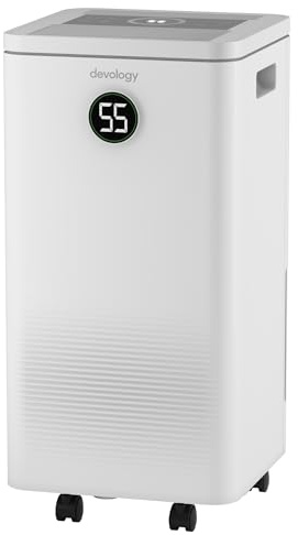 Devology 12L/Day Digital Dehumidifier - 2.5L Water Tank - Laundry Clothes Drying - Portable with Wheels Electric Mould, Damp, Condensation Remover for Bedroom, Basement, Garage & Kitchen