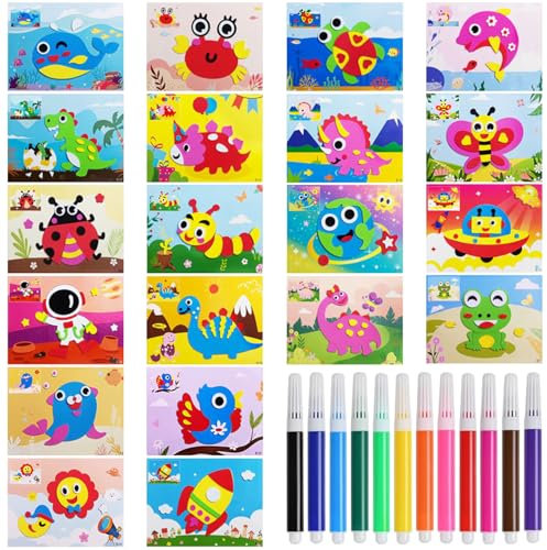 Unvtap 20 Stück Schaumstoff Aufkleber Puzzle 3D Sticker Kinder EVA Cartoon Aufkleber mit 12 Aquarellstifte, Mosaik Bastelset DIY Sticker Tiere Bildungsspielzeug für Kinder Jungen und Mädchen Geschenk