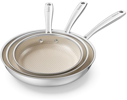 Redchef Juego de 3 sartenes de cerámica con estructura de panal, sartén de 24, 20, 28 cm, sartén de acero inoxidable para inducción, sin PTFE, sin PFOA, apto para horno, lavavajillas
