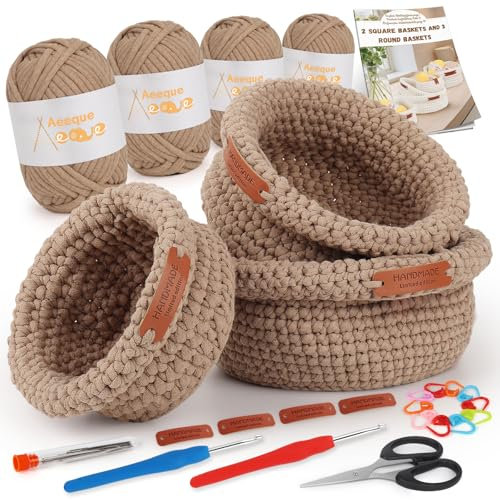 Aeeque 3pcs Körbe Set mit Deutsch Anleitung, Rund Häkelkörbe, Textilgarn zum Häkeln, Komplett Kit, Khaki