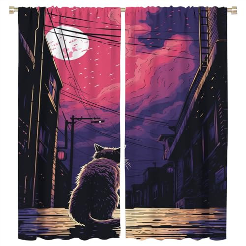 FYFMUSHE Rideaux occultants rétro avec motif animal japonais - Chat sur la lune - Avec passe-tringle - Pour chambre à coucher - 160 x 183 cm (l x L)