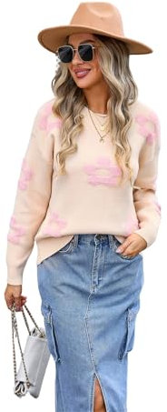 HEYPORK Damen Herbst Winter Warm Bequem Pullover Casual Mode Strickjacke Strickpullover Frauen Blume Personalisierte Pullover(Aprikose, M)