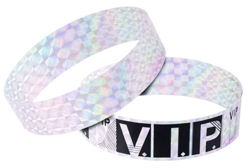 Maxqzin 200 Stück Armbänder für Veranstaltungen, holografisch, silberfarben, Kunststoff, VIP, wasserdicht, Event-Armbänder für Vergnügungsparks, Clubs, Konzerte, Messen, Festivals, Einheitsgröße,
