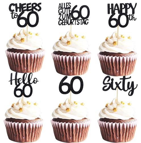 ALEGRE Cupcake Topper 60 Geburtstag Deko,24 Stück Schwarz Tortendeko 60 Geburtstag Mann Frau,Glitzer Happy 60th Muffin Deko,Cheers to 60 Kuchendeko 1965,Cupcake Deko Hello 60 Jahre Sixty