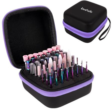 Lavinda Nail Drill Bits Holder, Dustproof Displayer Organizer Container, 64 Holes Nail Bits Container Box Case with High Density Foam to Avoid Slipping & Scratches,Purple (Drill Bits Not Included)