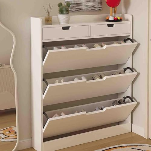 Solid Wood Shoe Cabinet with 3 Flaps, 2 Drawers, Narrow Shoe Shelves Shoe Tipper, Shoe Chest of Drawers with 3 Deep Compartments, for 13 Pairs, Hallway, Hallway, Living Room,White-100×17×121 cm