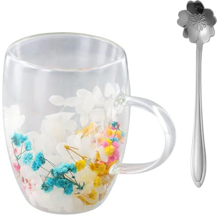 350ml Glasses Double Walled, Dry Flower Cup with Handle, Double Layer Glass Cups, Coffee Mugs, Coffe Glasses, Gifts for Women Friends, Large Tea Cups Clear, Glass Cups for Tea, Ice Cream, Iced (Pink)