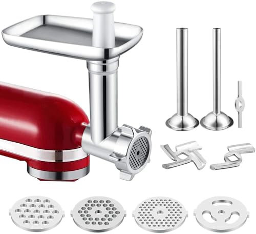 Edelstahl Fleischwolf Aufsatz für Kitchenaid Zubehör,Edelstahl Food Grinder Aufsatz für Kitchen aid Zubehör, mit 2 Wurstfüllhörner, 2 Schleifklingen, 4 Mahlscheibe