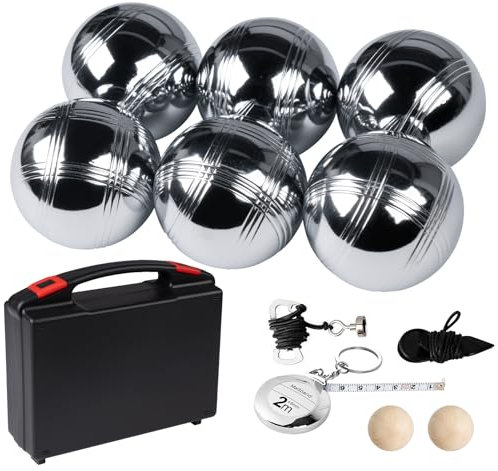 Truevaste Boule Set, 6 Boccia aus Metall mit 2 Holzkugeln, 1 Messseil, 1 Rollbandmaß, 1 Magnet-Kugelsammler & Aufbewahrungsbox, Outdoor Freizeitspiele Boule-Spiele für Garten Strand, Variante C