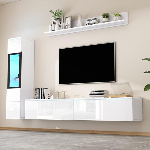 NovaFurnish TV Wohnwand Set 3-teilig LED Beleuchtung Hochglanz Weiß Wohnzimmer Möbel Set Frontale Wohnwand Weiß 1XTV Schrank, 1XWohnzimmer Vitrine, 1XHängeregal (Weiß, 180X33X130cm)