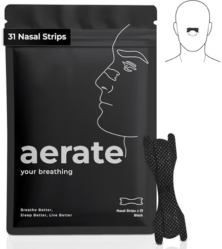 Aerate Nasal Strips 31 Pack (Upgraded Black) - Nose Strips for Sleeping, Snoring Support & Nasal Congestion Relief, Hypoallergenic Breathing Strips for Men & Women, Long-Lasting Adhesive, Latex-Free | Nose Strips for Sleeping, Snoring Support & Nasal Congestion Relief, Hypoallergenic, Long-Lasting Adhesive, Latex-Free