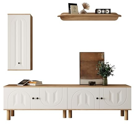 Hommdiy Wohnwand 3-TLG Best. aus: Highboard Schränke Wandboard. Weiße und hölzerne Geschnitzte Türpaneele. White+Natural