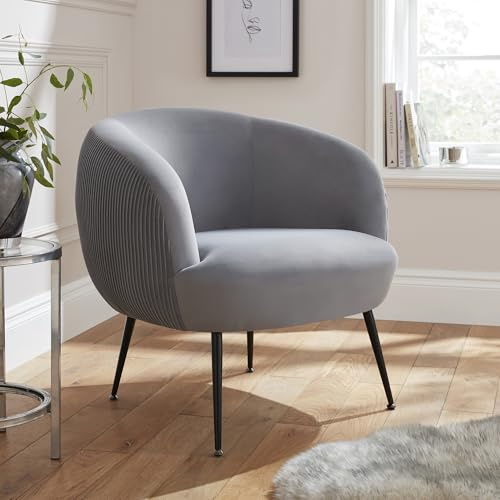 GFW Kamilah Velvet Pleated Accent Chair Grey, Modern Curved Lounge Chair with Black Metal Legs