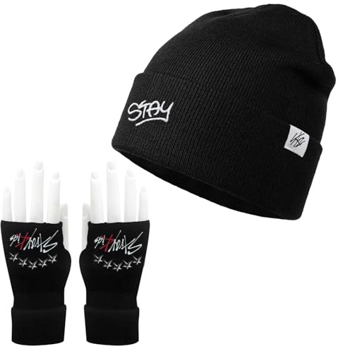 JWTRSVTY Kpop Stray Kids Beanie Mütze, Stray-K Fingerlose Strickhandschuhe, SKZ Knit Hat & Handschuh Set, Unisex Y2k Strickmütze Set, Kpop Fanartikel Geschenk für Stay (Einheitsgröße, Schwarz)