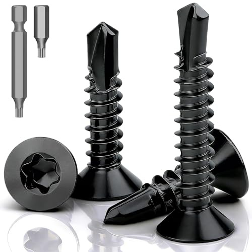mawmuaw 110 Pièces Vis Autoforeuse Torx M4,2x25 mm Visse Autoforeuse Noir | Inox 410, Vis Autoperforante, DIN 7504, Torx, Tête Fraisée Plate, pour Tôle, Aluminium, Bois
