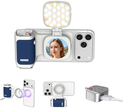 COMITOK iPhone Camera Grip MOCA with Magnet Fill Light & Mirror for 17 Pro iOS26 Native Camera, Fun Shot Magnetic Grip for Phone Compatible iOS17 and iOS18 with Anti-Drop Detachable Remote & Keychain