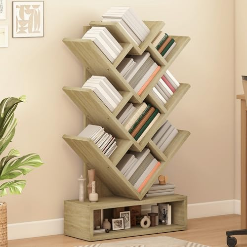 DWVO Tree Bookshelf, 10 Tier Floor Standing 103 Tall Tree Bookcase with Display Storage Shelves and 1 bottom drawerfor Living Room Home Office, Oak Color