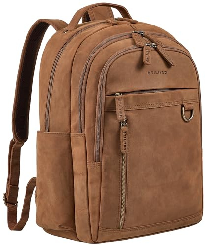 STILORD Eron Großer Business Rucksack Herren Leder Arbeitsrucksack Männer viele Fächer - Robuster Echtleder Laptoprucksack 15,6-16 Zoll Backpack für Arbeit & Uni Farbe:tan - dunkelbraun