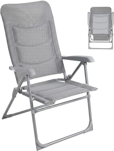 LIFERUN Gartenstuhl Hochlehner Verstellbar Alu Gepolstert, Grau | Balkonstuhl Klappbar 150 kg mit Armlehnen Kopfstütze, leichter Aluminiumrahmen Atmungsaktiv für Terrasse Camping Angeln