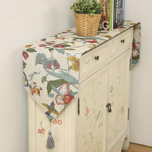 Tolldek Table Runner 30x180cm, Chinesischer Art Blumen Vogel Muster mit Quasten Tischdecke Läufer Polyester Tischläufer Tischläufern Dekostoff Landhausstil für Esszimmer, Party Dekoration, Beige