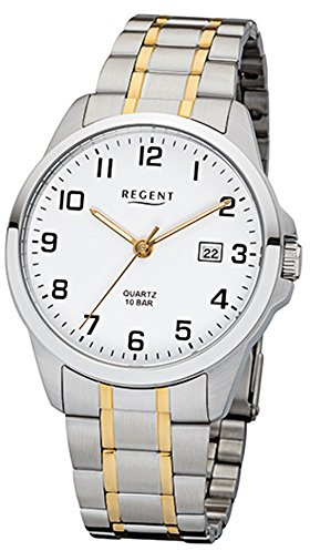 Regent Herren-Armbanduhr Elegant Analog Edelstahl-Armband silber gold Quarz-Uhr Ziffernblatt weiß URF1014