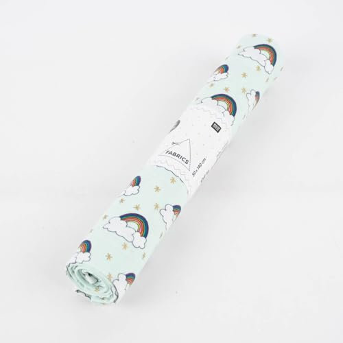 Rico Design Baumwollstoff Regenbogen Wolken Sterne Mint bunt Gold 50x1