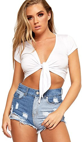 WearAll New Ladies Tie Up Crop Top Womens Short Sleeve Stretch Open Top White 8/10