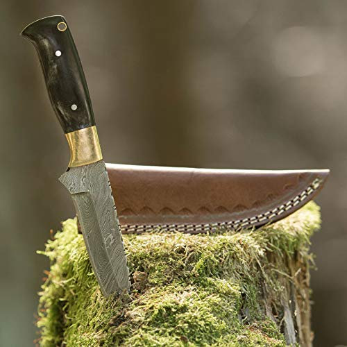 elToro Brass Horn - Damast - Jagdmesser - 12cm - inkl. Lederscheide; Messer für Camping, Outdoor, Survival