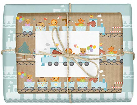 dabelino® Geschenkpapier für Kinder: Eisenbahn & Tiere | 4 Bögen DIN A2, doppelseitig bedruckt + 1 Zug-Postkarte