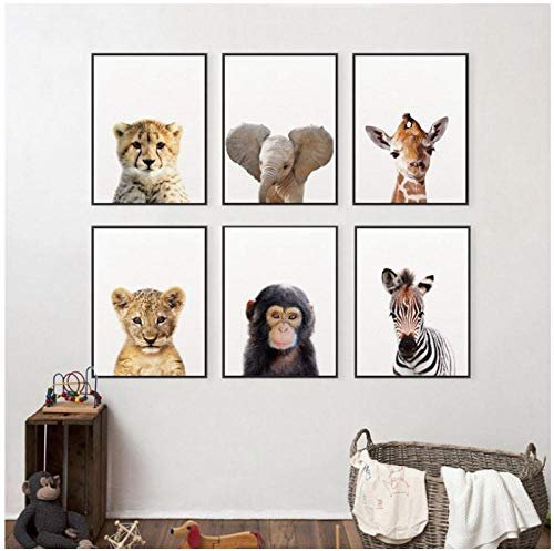 dayanzai Lion Zèbre Éléphant Girafe Bébé Animaux Art Affiche Affiche, Safari Animaux Image Toile Peinture Enfants Chambre Nursery Mur Décor 21X30Cmx6Pcs sans Cadre