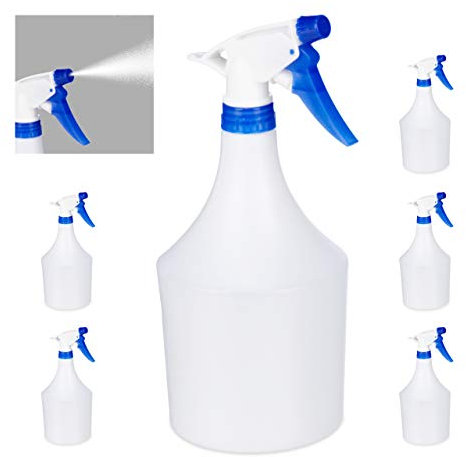 Relaxdays Set de 6 pulverizadores 1 Litro, Boquilla Ajustable, Bote de Spray con Escala, de Plástico, Blanco y Azul