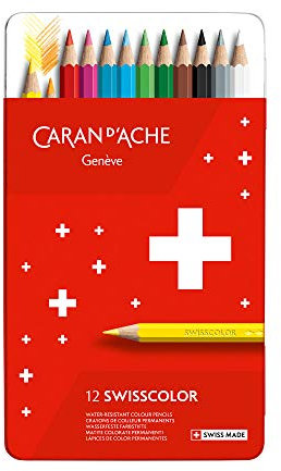 Caran d'Ache 1284712 Swisscolor Metall Etui mit 12 wasserfesten Farbstiften