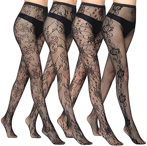 Rejilla Medias, 4 pcs Irrompibles, Negras Cintura Alta, Sexy Elástico Mujer
