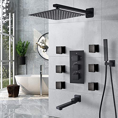 Huin Robinet de douche à effet pluie Mitigeur de robinet thermostatique Ensemble de douche thermostatique mural avec système de massage Robinet de baignoire-Ensemble de douche de 10 pouces