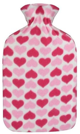 Primes DIY Hot Water Bottle with Soft Fleece Cover, 2L Classic Rubber Hot Water Bag for Menstrual Cramps, Feet Warmer, Neck, Shoulders Pain Relief, Back & Cosy Nights, Cold Therapy (Pink with Heart)