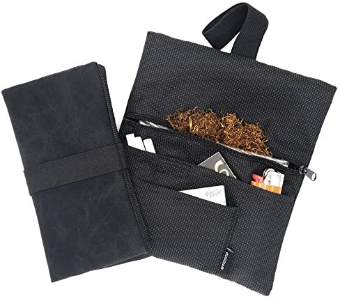 GUGGIARI® Tabaktasche Stoff für 30g bis 50g, mit Filterfach & Blättchen & Feuerzeug - Tabakbeutel für Drehtabak aus hochwertigem Leder mit Reißverschluss und Gummiband - Pindot