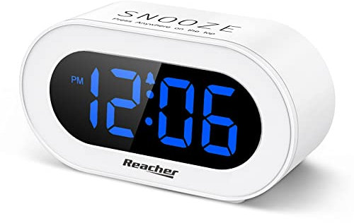 REACHER Small LED Digital Alarm Clock with Snooze, Simple to Operate, Full Range Brightness Dimmer, Adjustable Alarm Volume, Outlet Powered Compact Clock for Bedrooms, Bedside, Desk, Shelf(Blue)…