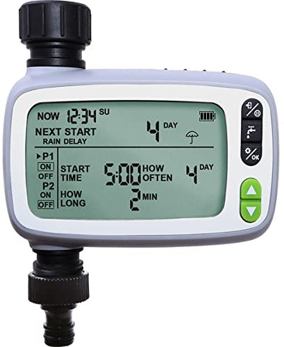 Aqualin Temporizador de aspersor de agua, pantalla LCD FSTN grande con 2 mangueras programables individuales de jardín al aire libre, temporizador de riego digital para césped