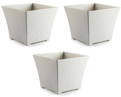 AC - Pack de 3 macetas Cuadrada - Fabricación en plástico – Diseño Rattan – Ideal como macetero, Tiesto, Recipiente para Plantas, Flores, balcón, terraza, jardín – 25 cm – Color Blanco Marfil