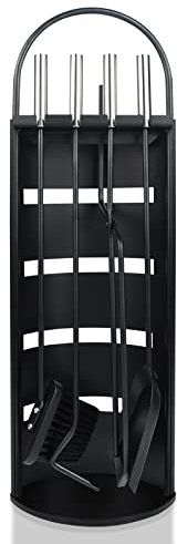 XMTECH 5 Teilig Kaminbesteck Set Kamingarnitur Kaminzubehör Metall Modern Design für Küche Haushalt, Kaminwerkzeug inkl. Besen Schaufel Schürhaken Zänge und Ständer mit Sichtschutz, Schwarz (5 Teilig)