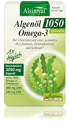 Alsiroyal Algenöl 1050 – Omega 3 hochdosiert mit 380mg DHA + 140mg EPA pro Kapsel – 55% Omega 3 - stark für Herz, Augen und Gehirn - laborgeprüft, vegan, hergestellt in D.