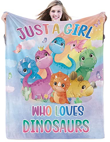 Domgoge Just a Girl Who Loves Dinosaurier-Decke, niedliche Dino-Überwurfdecke, Geschenke für Mädchen, Kinder, warm, weich, Plüsch, leichte Flanell-Fleecedecke, Sofa, 130 cmx152 cm