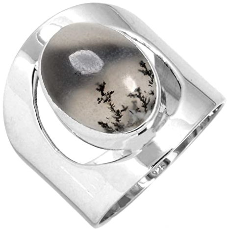 Jeweloporium Grauer Dendrit Achat Silberring Größe 50 (15,9), 925 Sterling Silber Ring für Frauen, Natürlicher ovaler Edelstein Boho Schmuck