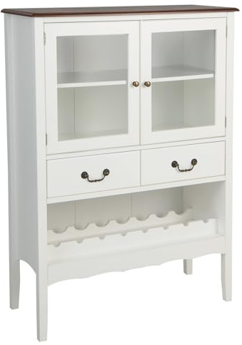 GYMAX Mobile da Vino con Portabicchieri, Mobile Buffet con Porta in Vetro e 2 Cassetti, Mobile Ingresso in Legno per Soggiorno e Cucina, 90 x 40 x 126,5 cm, Bianco