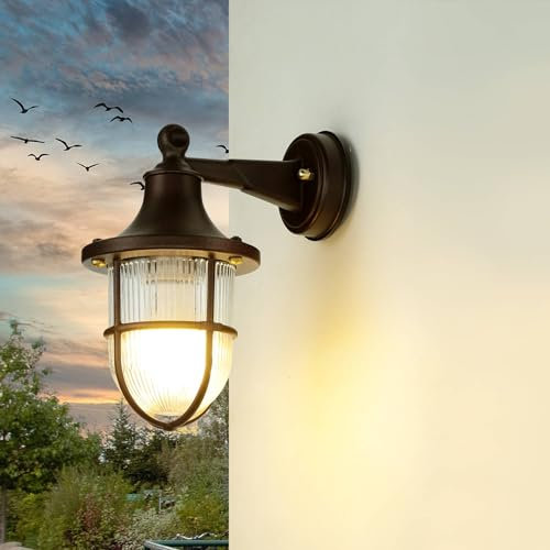 Licht-Erlebnisse Maritime Wandlampe Messing, Außenlampe Terrasse Wand, Rostbraun Antik, Riffelglas, Rustikal, IP64, E27, B:14 cm, Balkon, Schiffsleuchte, Wandlampe Outdoor
